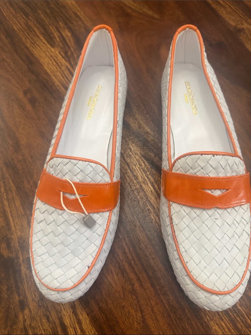 Woven Leather Penny Loafers in White with Orange Trim